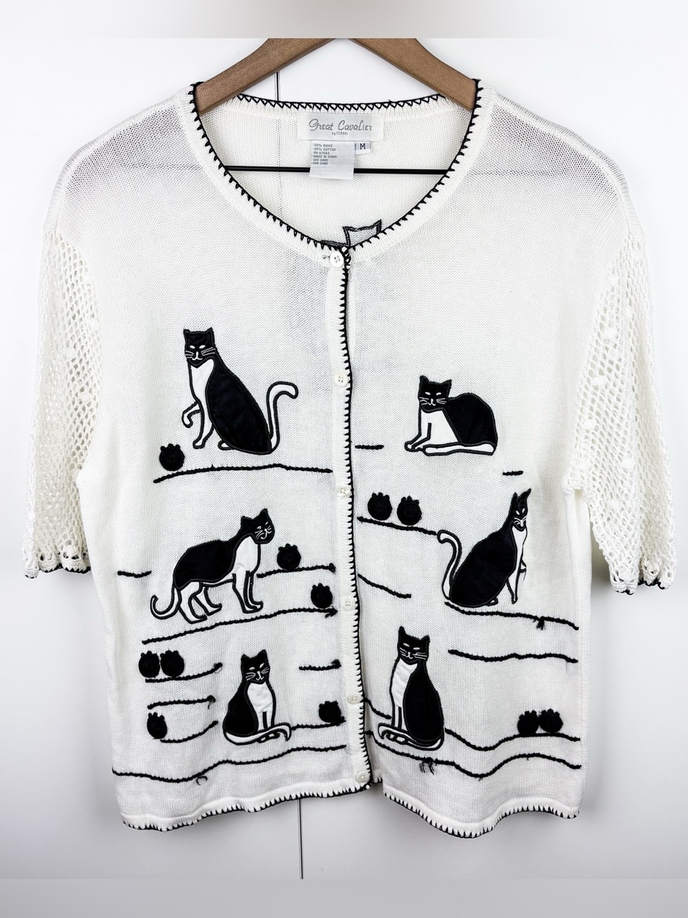 Vintage Tuxedo Cat Yarn Ball Embroidered Crochet Short Sleeve Cardigan Sweater